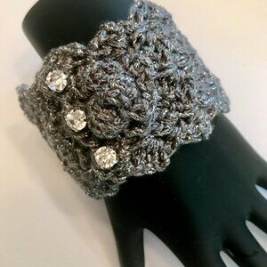 Handmade SLIP-ON CUFF Grey & Silver Fiber Embellished w/Rhinestones and Rosette